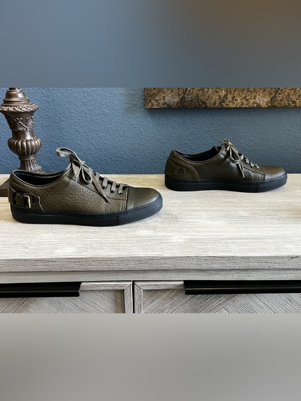 Belstaff Olive Leather Low-Top Sneakers with Black Sole - Picture 3 of 10